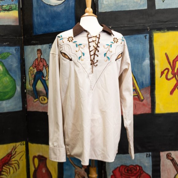 Western Mens Shirt, Leather lace yoke, smile pocke - Picture 2 of 6